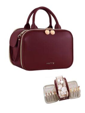 Waterproof Leather Makeup Bag Large Travel Cosmetic Case Brush Holder